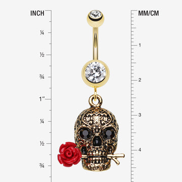 Detail View 1 of Golden Skull Rose Belly Ring-Clear Gem